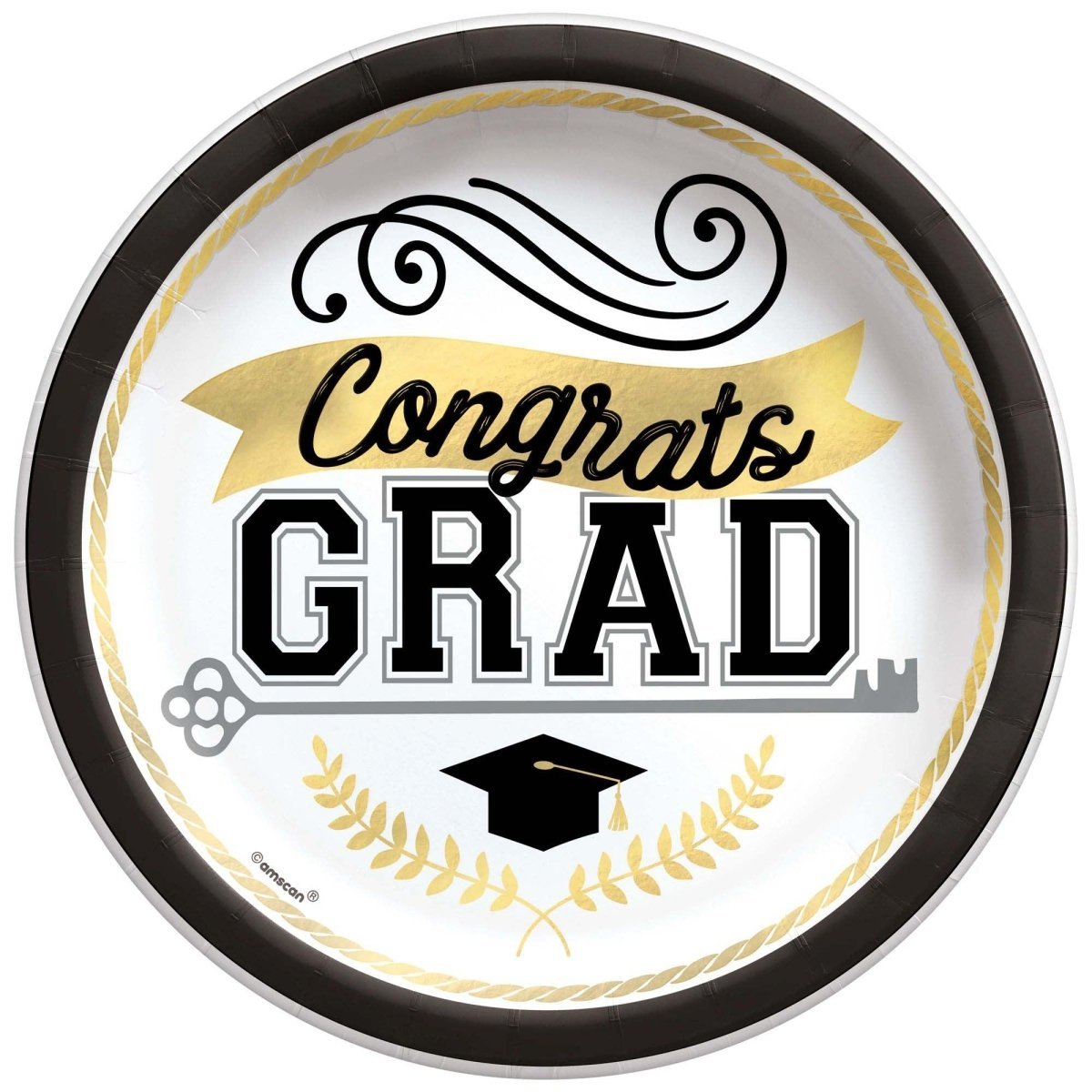 AMSCAN CA Graduation Achievement's Key Large Round Lunch Paper Plates, 9 Inches, 50 Count 192937227374