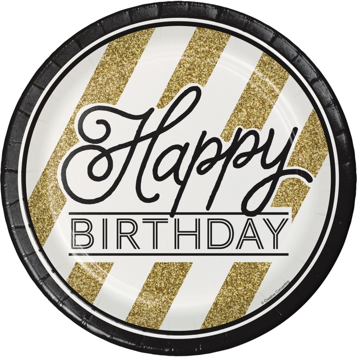 CREATIVE CONVERTING Age Specific Birthday Black and Gold Happy Birthday Large Round Lunch Paper Plates, 9 Inches, 8 Count 039938330743