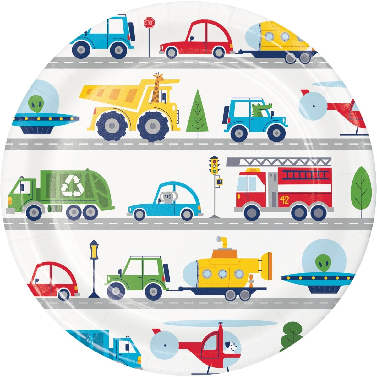 CREATIVE CONVERTING Kids Birthday Transportation Time Large Round Lunch Paper Plates, 8.75 Inches, 8 Count 196504000643