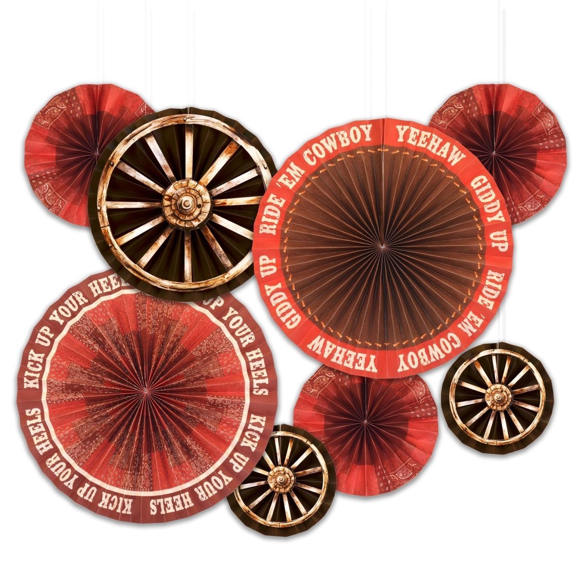 GLOCO ACCENTS INC Theme Party Western Yee Haw Paper Fan Decoration Kit, 8 Count 885093011795
