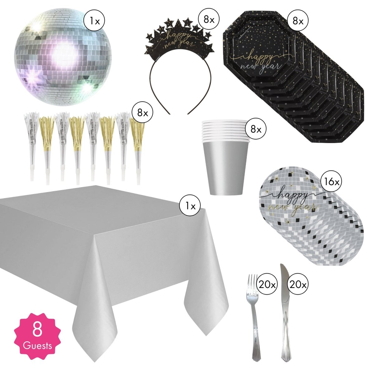 Party Expert New Year Disco New Year Party Supplies Kit, 8 Guests