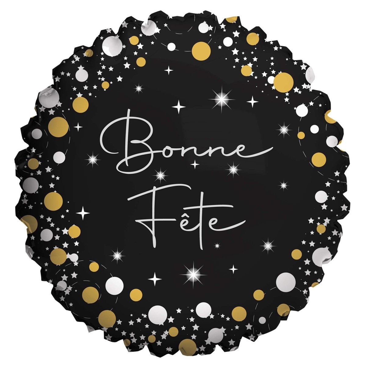 PARTYGRAM Balloons "Bonne Fête" Round Foil Balloon, Black, Gold and Silver, 18 Inches, 1 Count 810120716442