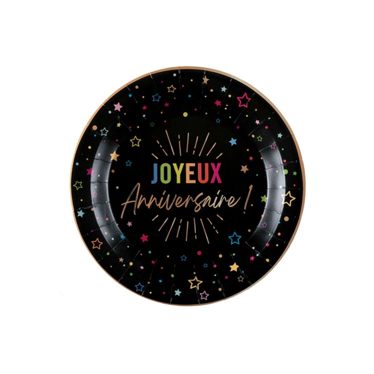 SANTEX General Birthday Black "Joyeux Anniversaire" Round Dessert Paper Plates, 7 Inches, 6 Count 3660380113959