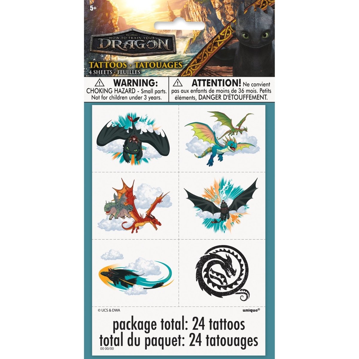 UNIQUE PARTY FAVORS Kids Birthday How to Train your Dragon Birthday Temporary Tattoos, 4 Sheets, 24 Count 011179155972