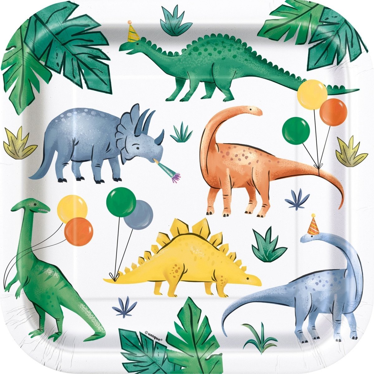 UNIQUE PARTY FAVORS Kids Birthday Partying Dinosaurs Birthday Large Square Lunch Paper Plates, 9 Inches, 8 Count 011179135455
