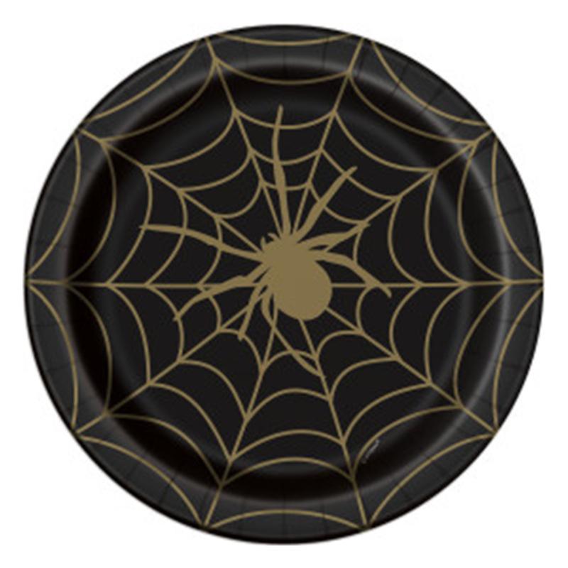Buy Halloween Black & Gold Spider Web paper plates 9 inches, 8 per package sold at Party Expert